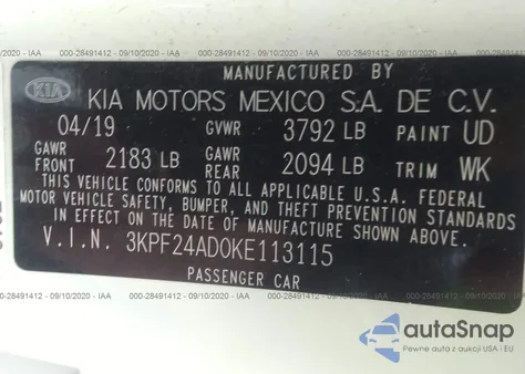 2019 Kia Forte Lxs z USA, uszkodzony, nr VIN 3KPF24AD0KE113115